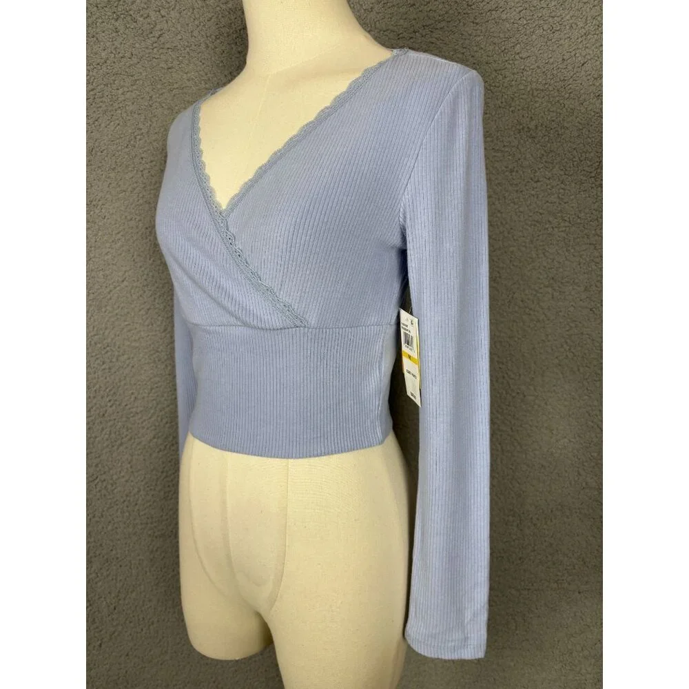 Sugar Moon Women's Juniors' Rib-Knit Surplice Top Blue Size Medium NWT's